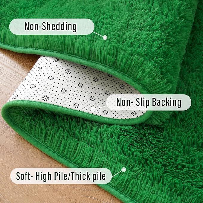 Amearea Shag Fluffy Runner Rug for Bedroom Girls Living Room, 2x6 Feet Extra Soft and Fuzzy Shaggy Rugs, Non Slip, Indoor Floor Long Carpet Mat for Boys Nursery Home Decor, Green