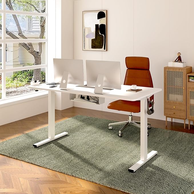 FLEXISPOT EN2 Whole-Piece Standing Desk with Clamp Power Strip, 55 x 28 Electric Stand Up Height Adjustable Desk with Cable Management (White Frame + 55" White Top,2 Packages)