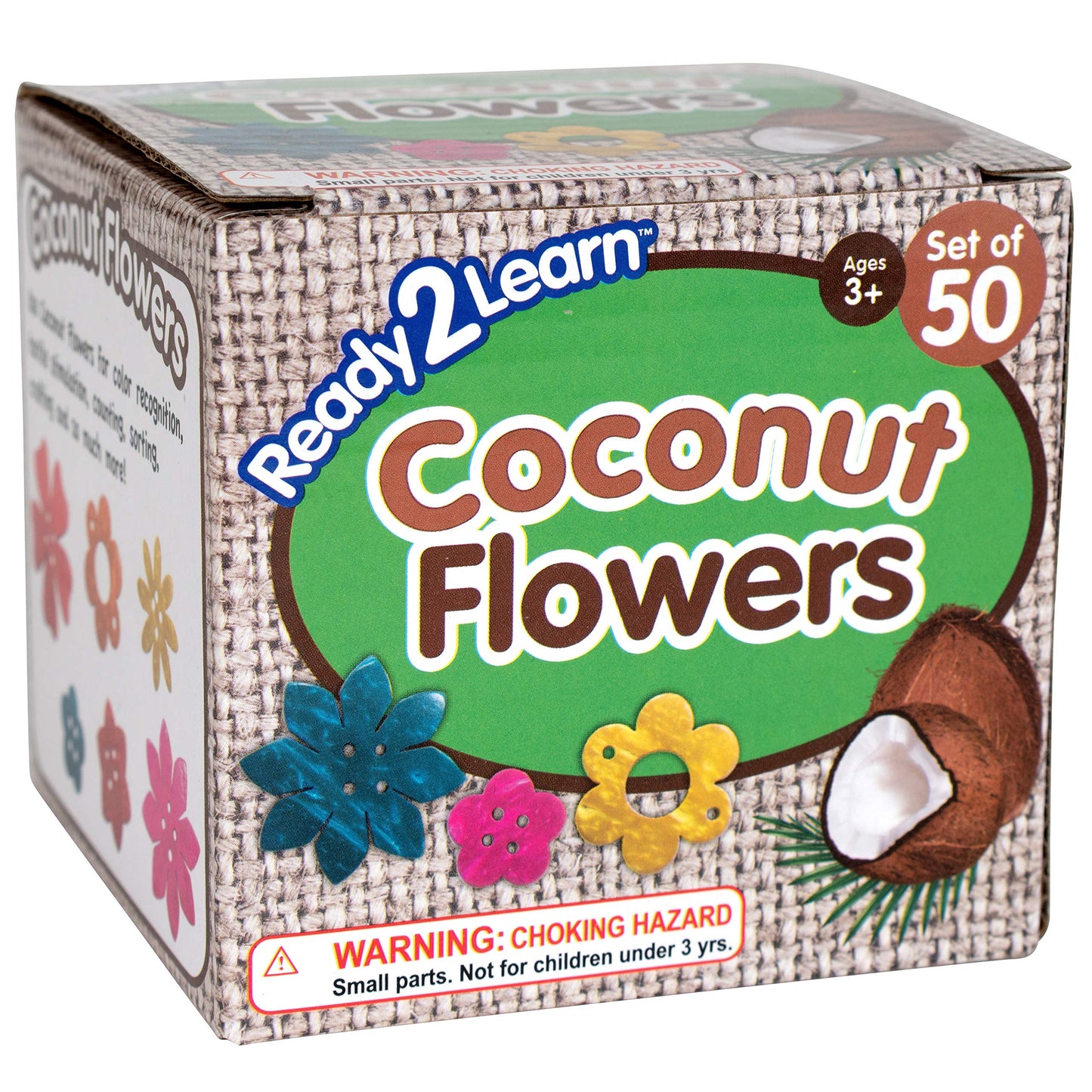 READY 2 LEARN Coconut Flowers - Set of 50-6 Shapes - 5 Colors - Natural, Hand Made Counters for Kids - Use for Crafts and Jewlry Making