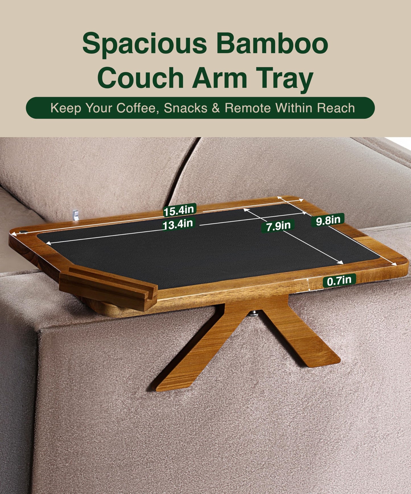 Acacia Couch Arm Tray Table – 2 in 1 Adjustable Couch Arm Table Fits Most Sofa Arms with 360° Rotating Phone Holder, Wire Holder & Non-Slip Mat – Elegant Sofa Tray for Snacks & Coffee
