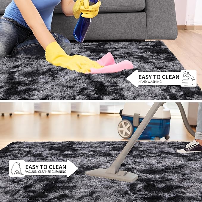 Tepook Fluffy Large Rugs for Living Room, 8x10 Area Rugs for Bedroom, Modern Shag Rug Fuzzy Carpets for Kids Boys Girls, Plush Indoor Nursery Home Decor Rug with Non-Slip Bottom, Tie-dye Dark Grey