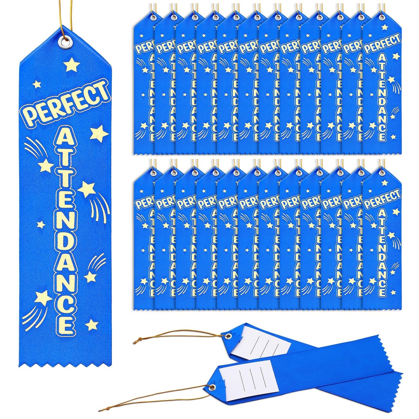 Wavwavw 100 Pcs Perfect Attendance Ribbons Bulk 8" x 2" Prizes Ribbons with Event Card and String Award Prize Gift for Tournaments Competitions Party Classroom Home Study Supplies