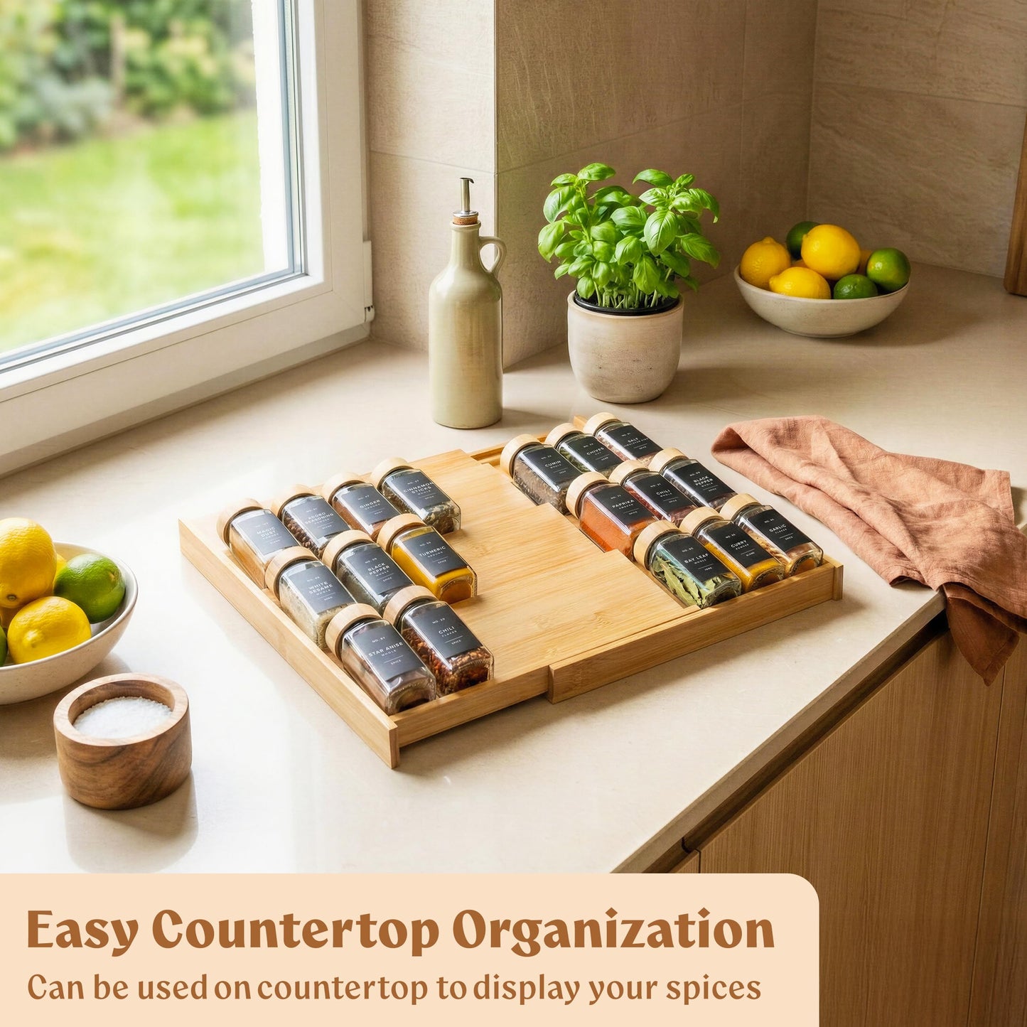 EDELHAUS Bamboo Spice Drawer Organizer - Expandable 4 Tier Spice Rack (Need 3" Deep Drawer) 12" to 24" Wide, Seasoning Organizer, Organization Seasoning Rack insert (Jars Not Included)