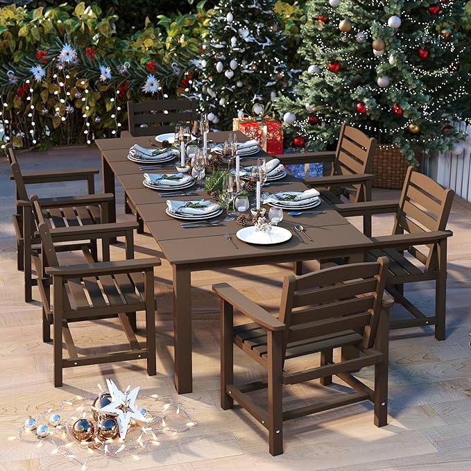 7-Piece Brown Outdoor Dining Set with White 15FT Large Patio Umbrella, 75.2'' HDPE Table & Chairs for 6, Weather-Resistant Furniture with Umbrella Hole for Patio, Lawn, Poolside