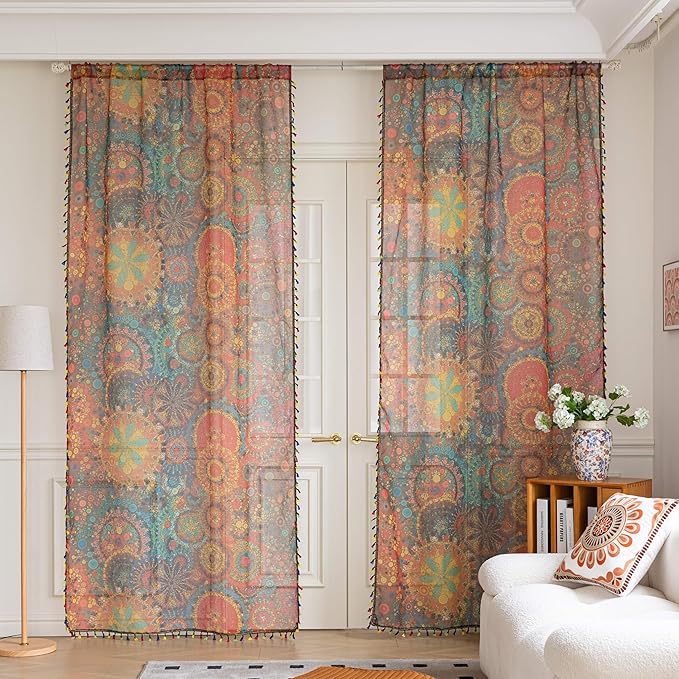 Dot Colorful Sheer Curtains 102 inch Long, Fringed Edges and Textured Semi Sheer Curtains Large Window Treatments for Living Room/Bedroom, 2 Panels