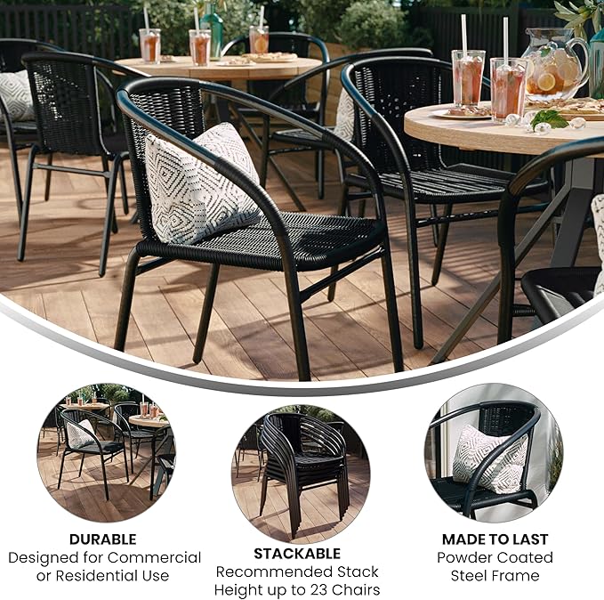 EMMA + OLIVER Set of 2 Modern Rattan Indoor/Outdoor Stack Chairs, Stacking Rattan Patio Chairs with Curved Back and Cross Bracing, Black