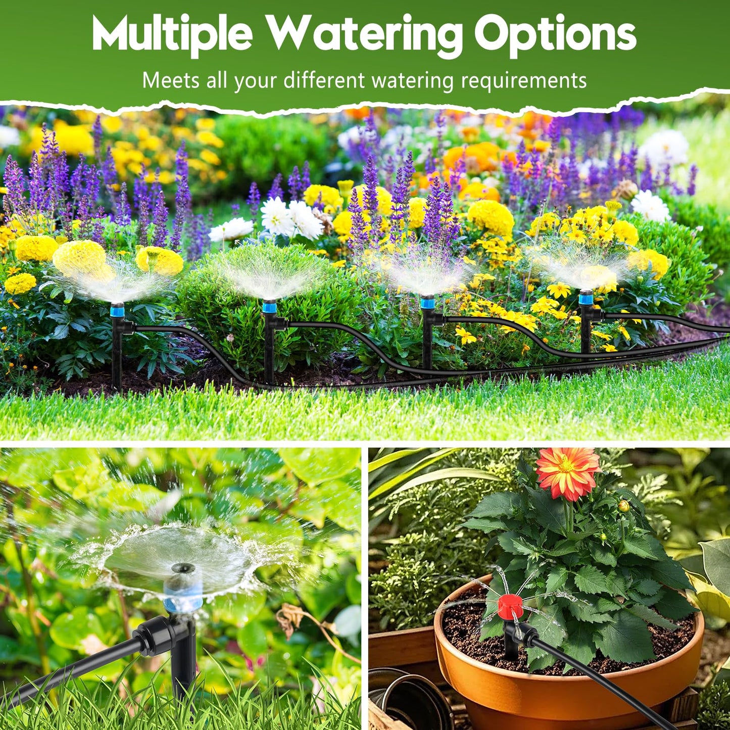 110FT Drip Irrigation System for Garden, Quick-Connect Automatic Garden Watering System with 1/2" & 1/4" Tubing and Accessories - Adjustable Sprinklers Kit for Greenhouse, Yard, Lawn, Raised Bed