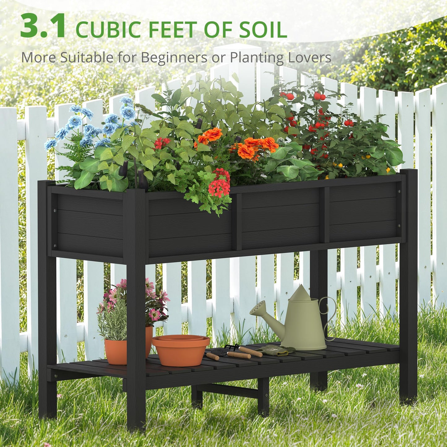 LUE BONA Raised Garden Bed with Tools, 45*18*29 in, Poly Elevated Planter Box with Legs And Storage Shelf, Weather Resistant, 3-Year Warranty, Standing Growing Bed Herb Planter for Vegetable, Black
