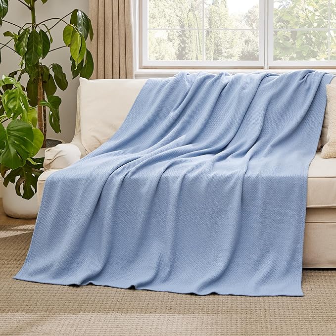Bedsure 100% Cotton Blanket Twin XL Size for Bed - Breathable and Lightweight, Soft Cozy Textured Herringbone Woven Blanket for Summer Spring, Ashley Blue, 66x90 inches