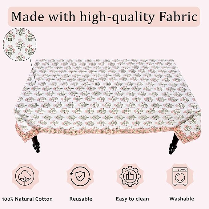 Ridhi Hand Block Print Mughal Buta Peach Rectangle Cotton Tablecloth 108" x 70" Reusable Table Cover Decorative Everyday Use for Dining, Farmhouse, Home Gift for Spring, Easter, Valentine