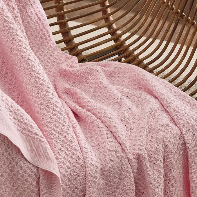 Bedsure 100% Cotton Blanket King Size for Bed - Breathable and Soft, Waffle Weave Blanket for Summer Spring, Pink, 104x90 inches