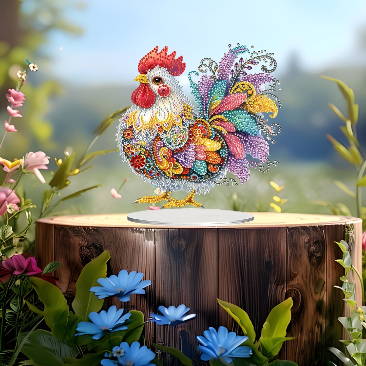 JJFox DIY Tabletop Diamond Art Painting Kit，Special Shaped Rhinestone Desk Placement Ornament，Home Stand Up Gem Painting Craft Kit，Gift,Double Sided. (Rooster-1)
