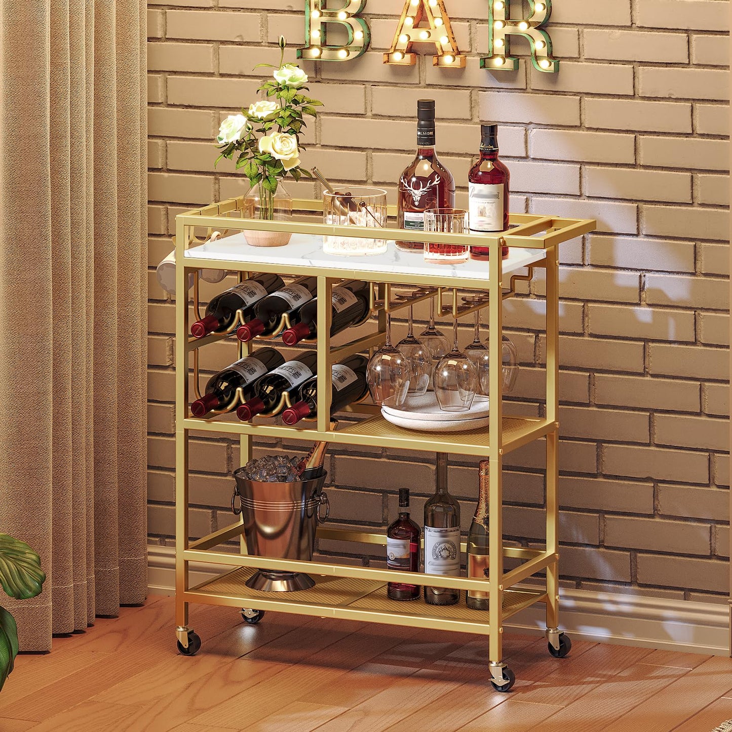 MAHANCRIS Bar Cart for Home and Bakers Rack with Power Outlet Bundle, Microwave Stand with Storage, RCJM6101-BRHR351E01
