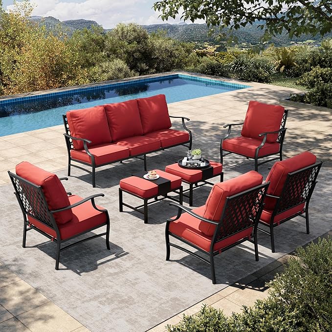 HERA'S HOUSE 7 Piece Patio Furniture Set, 4 x Leg Chair, 2 x Cushioned Ottoman, 1 x 3-Seat Sofa, All Cushioned 9 Seats Metal Outdoor Conversation Set for Lawn Garden Backyard