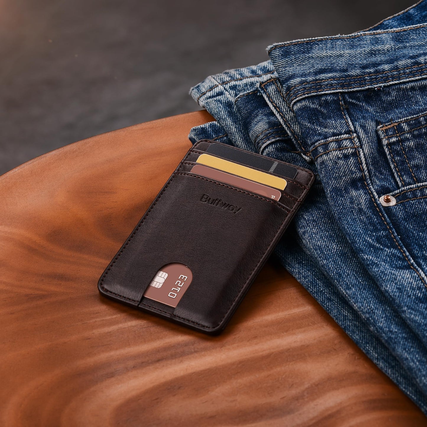 Buffway Mens Slim Wallet, Minimalist Thin Front Pocket Leather Credit Card Holder with RFID Blocking for Work Travel - Pebble Brown