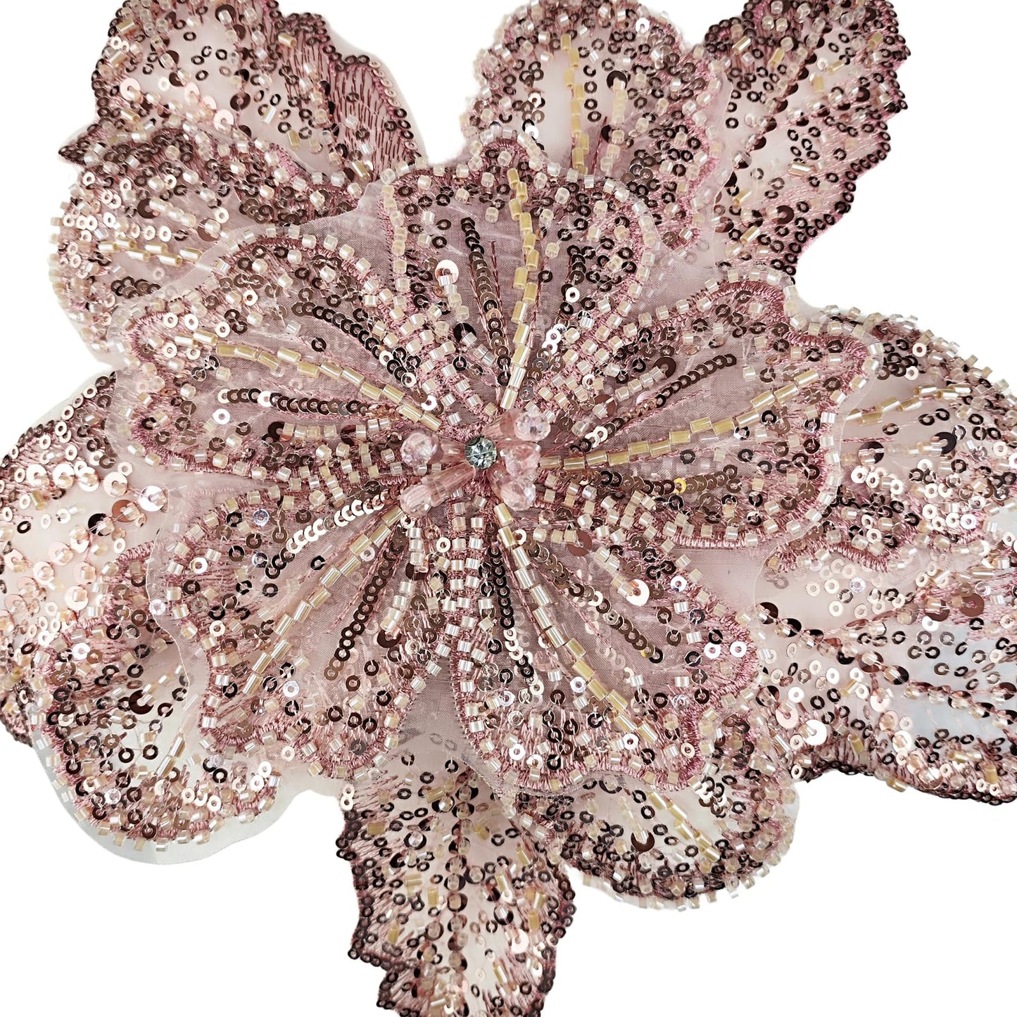 Carytalee 1 PC 3D Lace Sequin Beaded Flower Sew on Embroidered Lace Applique Trim DIY Sewing Patch Wedding Dress Applique Decoration, Champagne Pink, 11.8 x 11 Inch