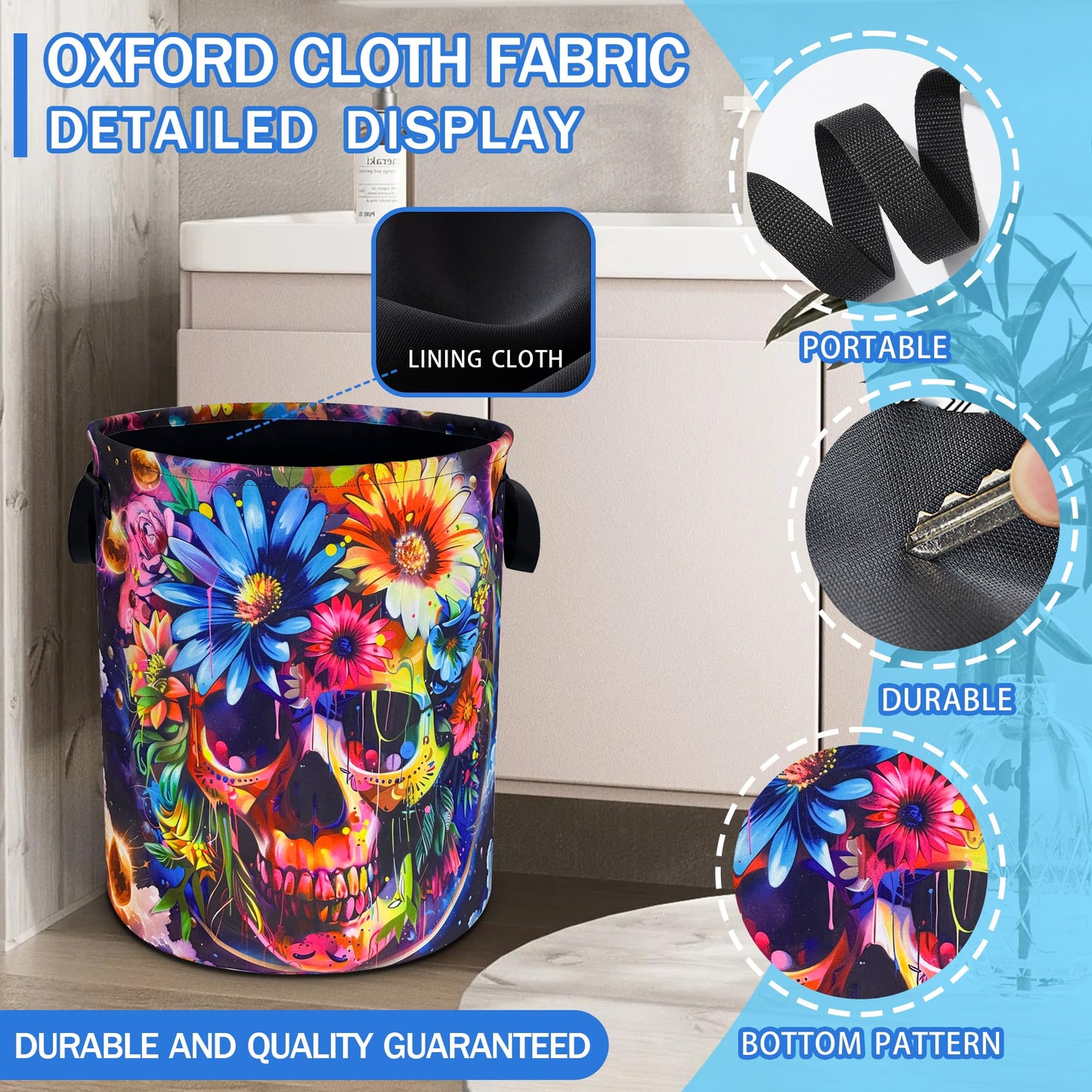 Skull Flowers Laundry Basket Oxford Cloth Funny Skeleton Laundry Hamper With Handle Foldable Portable Clothes Storage Basket 18.9 X 16.5 In Storage Bag For Laundry Room/Bathroom/Bedroom/Dormitories