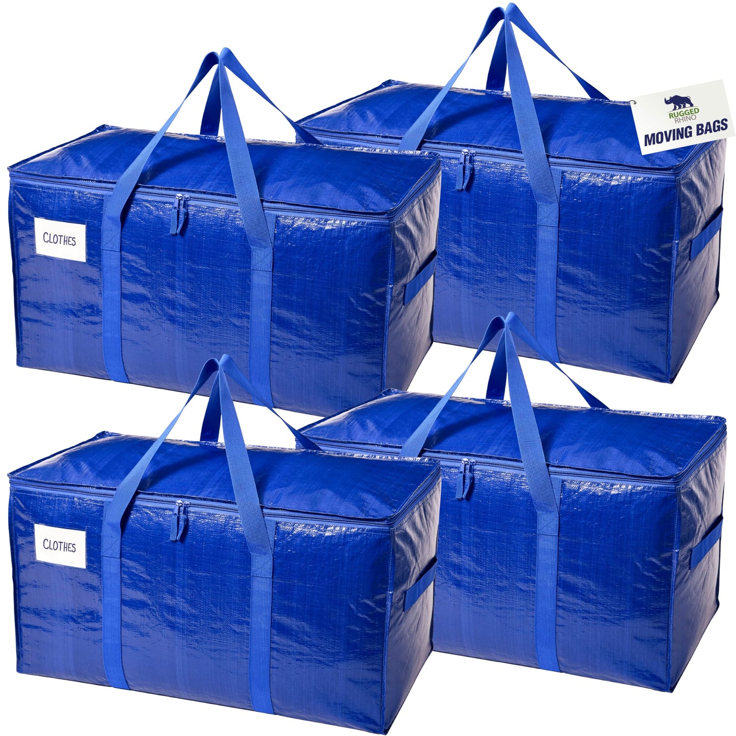 RUGGED RHINO 4 Pack Heavy Duty Extra Large Blue Moving Bags, Durable Bag with Strong Handles and Zipper, Moving Boxes Alternative for College Packing, Holiday Décor, Space Saving Storage with Label