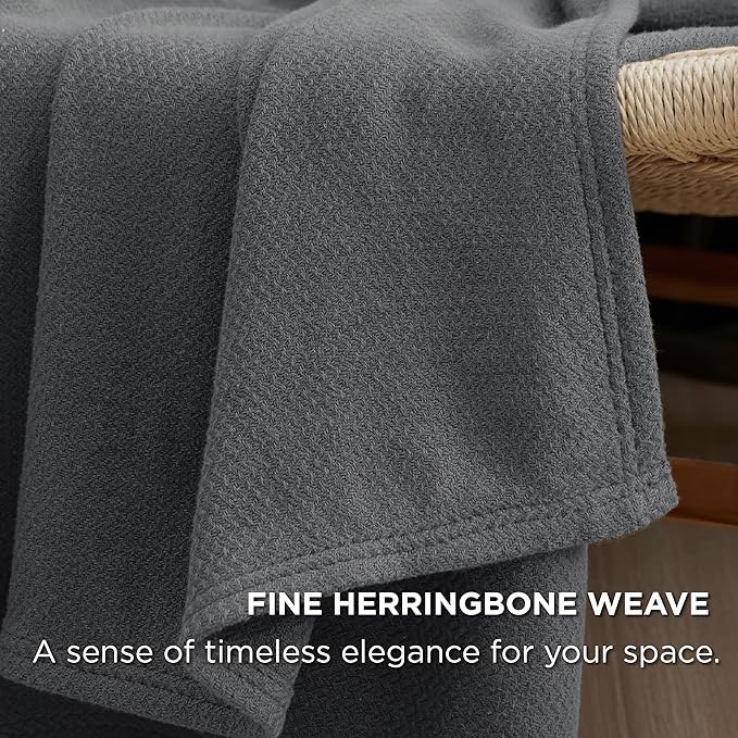 Bedsure 100% Cotton Blanket Twin XL Size for Bed - Breathable and Lightweight, Soft Cozy Textured Herringbone Woven Blanket for Summer Spring, Dark Grey, 66x90 inches