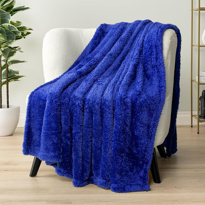PAVILIA Sherpa Throw Blanket for Couch Sofa, Blue Fluffy Warm Plush Blanket for Bed, Cozy Super Soft Lightweight Throw, Fuzzy Decorative Blanket, All Season Home, 50x60