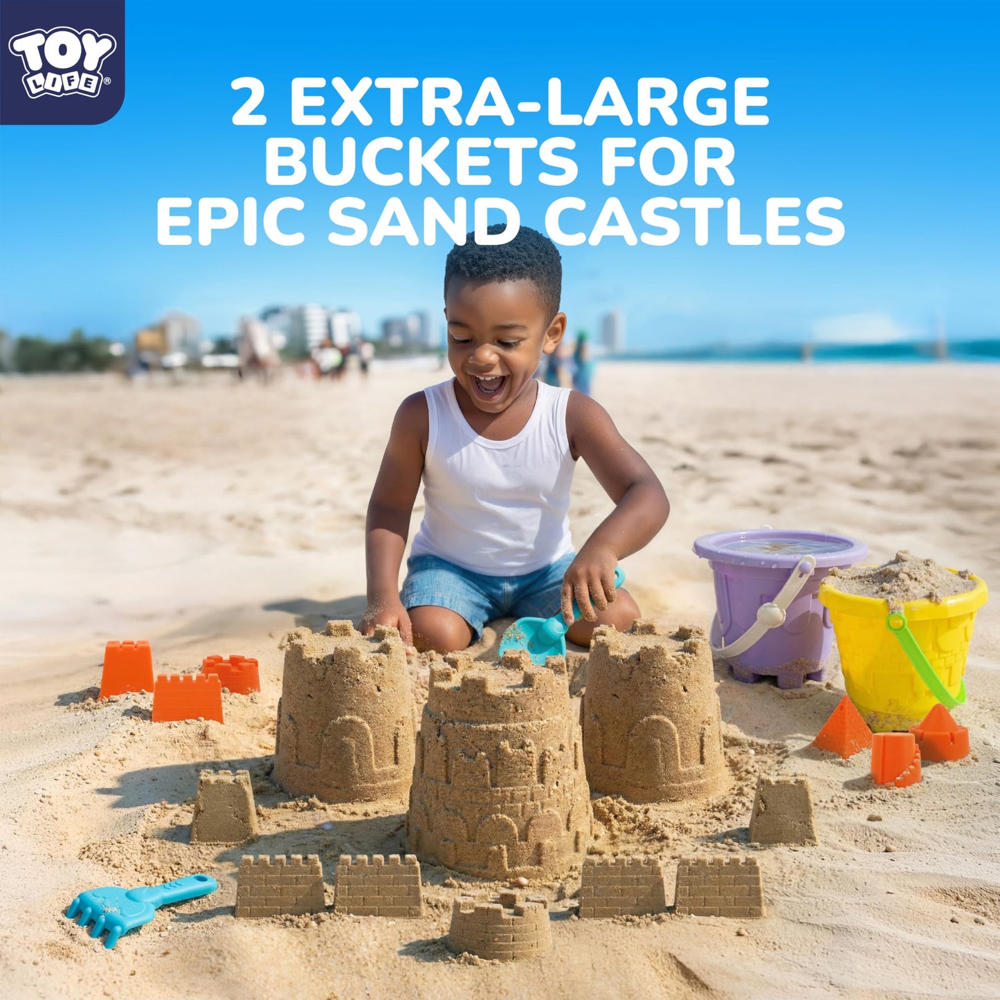 TOY Life Kids Beach Sand Castle Bucket Set, 2 Buckets with Mesh Bag, 6 Molds, 2 Shovels, Colorful Plastic Beach Toys for Summer Play