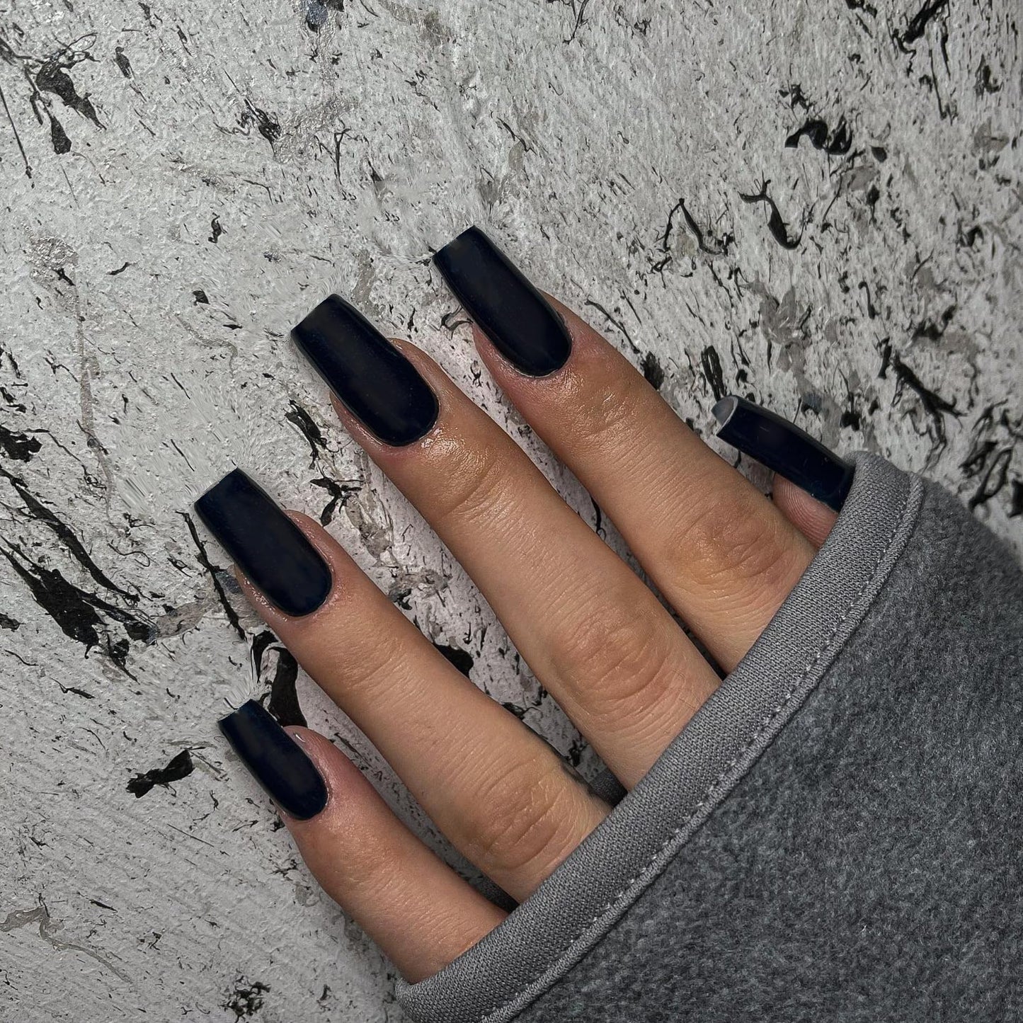 Matte Black Press On Nails Medium Long Square, Xcreando Medium Coffin Nails Acrylic Press ons Glue on Nails, Solid Color Fake Nail for Women, Natural Thick Artificial Stick on