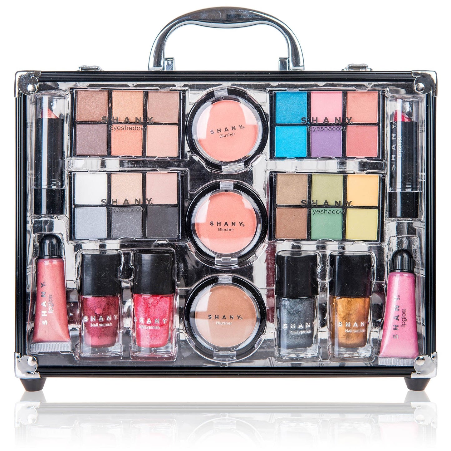 SHANY Carry All Trunk Makeup Train Case with Re-usable Aluminum Beauty Storage Organizer Case. Make up Set with Eye palettes, Blushes,Face Powders, Manicure, Pedicure and Cosmetics Brushes. GIFT SET