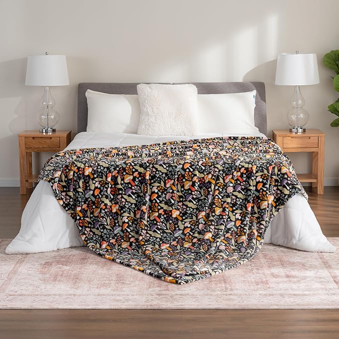 Berkshire Blanket-Classic Heavyweight Soft Printed VelvetLoft® Plush Warm Blanket, Twin Size Soft Fuzzy Blanket for Couch Sofa Bed, Mushroom Cutie Charcoal, 60in x 90in