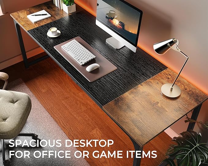 Huuger 78.7 Inch Office Computer Desk with Storage, Writing Work Desk for Home Office, Study, Gaming, Long Simple Desk, Large Legroom, Metal Frame, Rustic Brown and Black