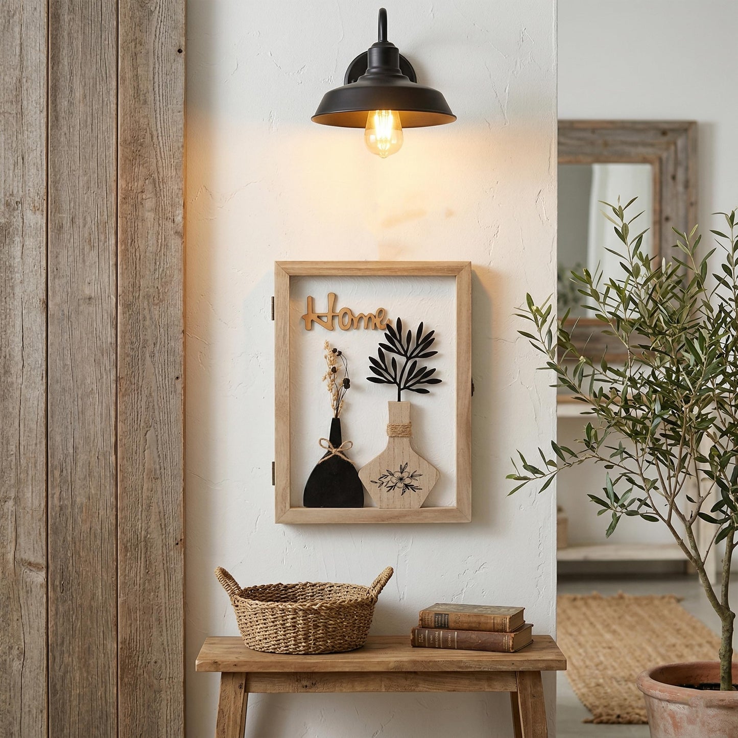 Hidden Key Holder for Wall - Wooden Key Box Wall Mount Decorative Cabinet with 6 Hooks, Rustic Beige Wood Keychain Organizer, Access Card Hangers Rack Storage for Home Entryway Hallway Office Decor