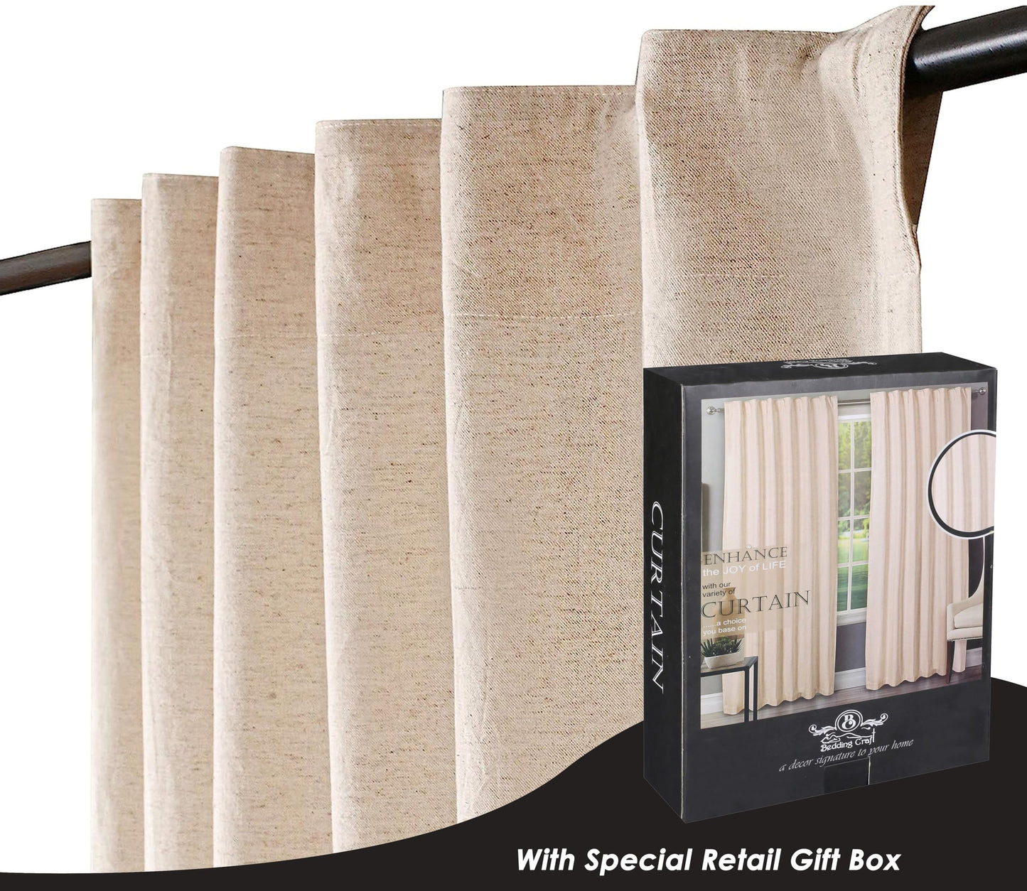Bedding Craft Natural Taupe Linen Tab Top Curtains – Set of 2, 50x84 Long, Natural Flax Linen Drapes, Window Curtains