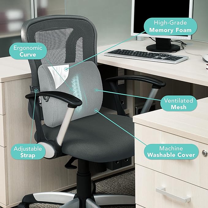 SAMSONITE Lumbar Support Pillow for Office Chair and Car Seat, Perfectly Balanced Memory Foam, Versatile Use Lower Back Cushion, Gray
