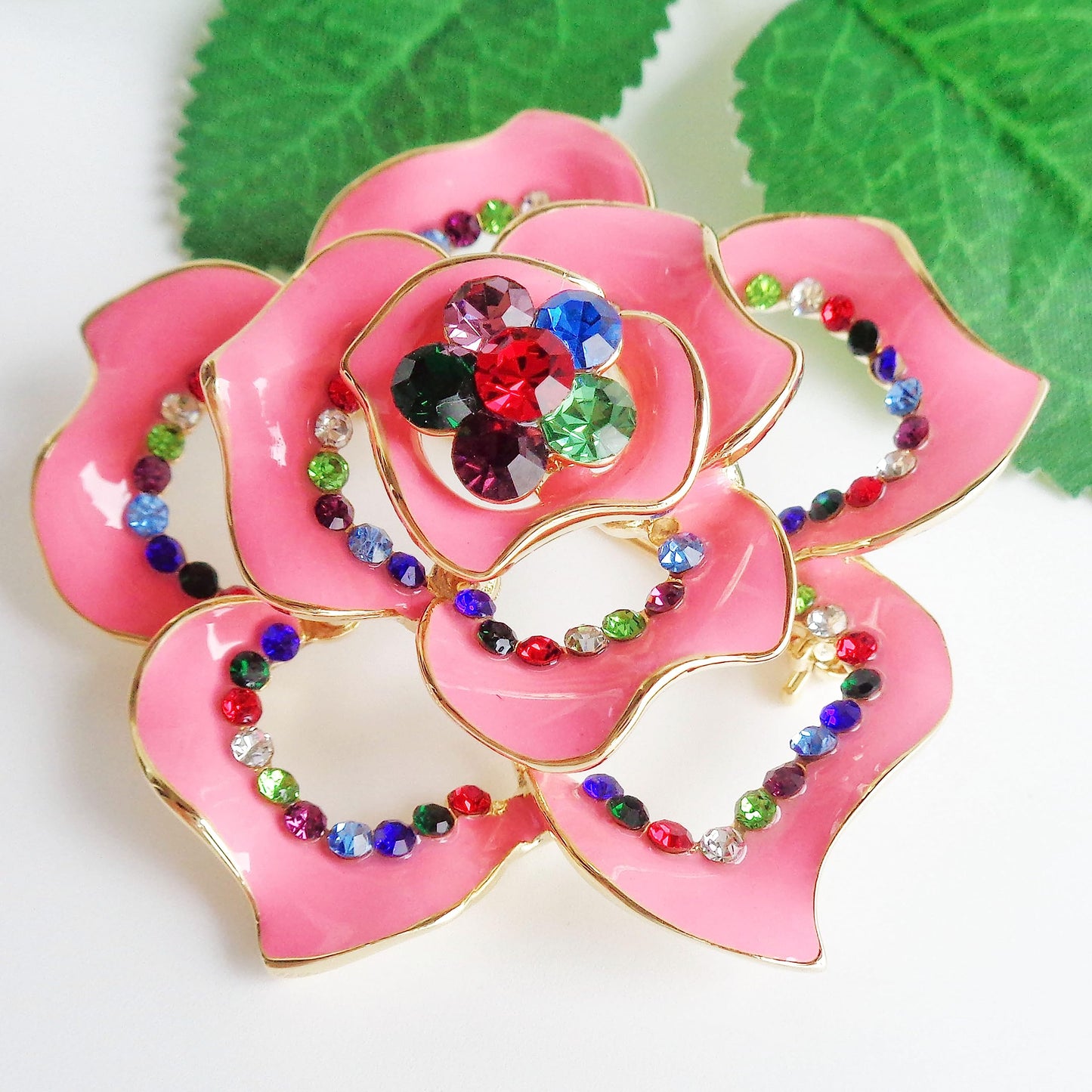 Navachi 18k Gold Plated Multi-color Crystal Pink Enamel Rose Flower Az7835b Brooch Pin