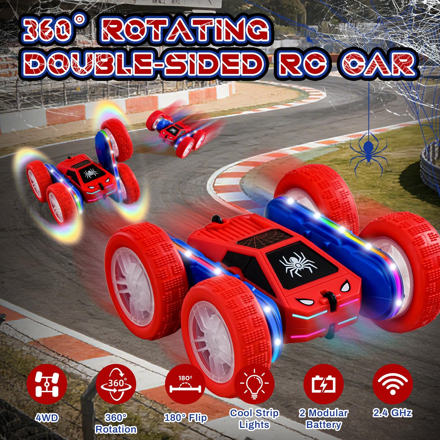 SANGQAOFU Spider Remote Control Car 4WD 360° Flips RC Stunt Car Toys Cyber-Inspired Double-Sided Drift Rc Cars with LED Lights 2 Rechargeable Charge Battery Modules Toys and Gift for Boys Age 3-12