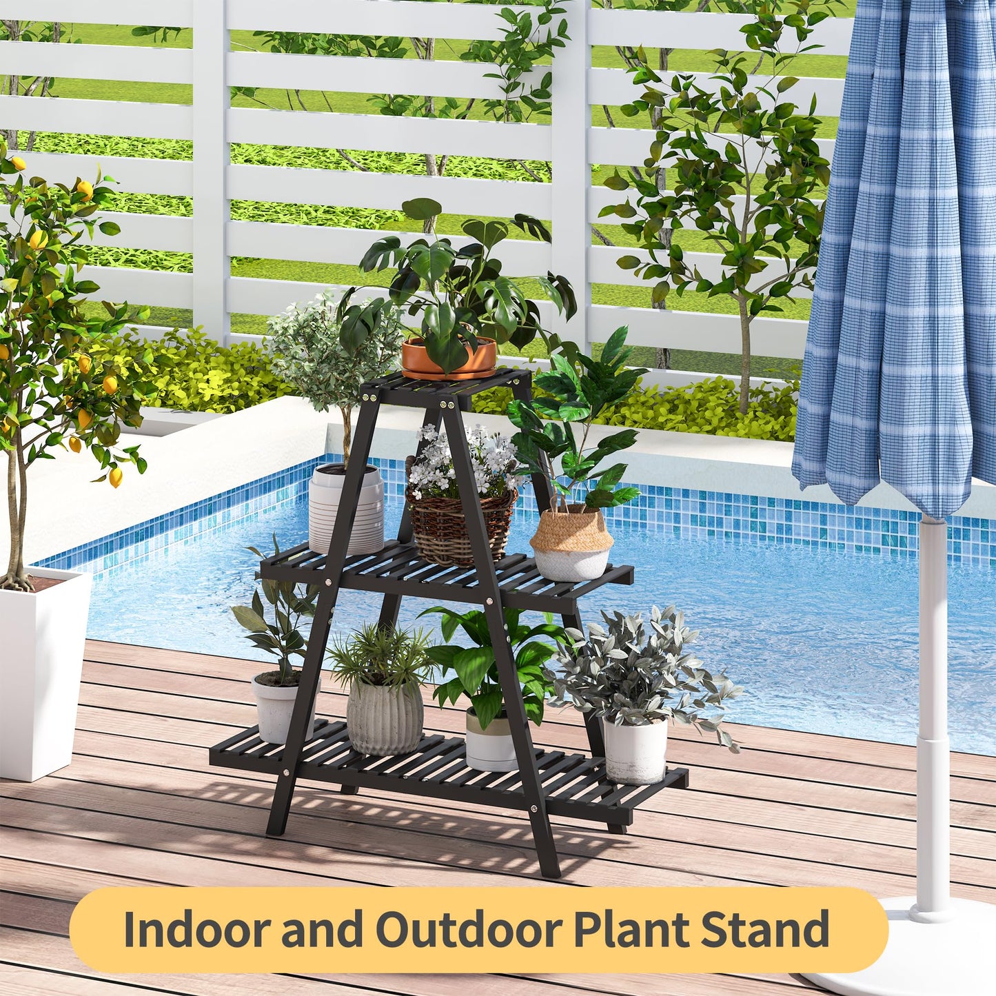 Furshus Bamboo Plant Stand Indoor/Outdoor, 3-Tier, Black, Rectangular, 8 Potted Flower Holder Ladder Plant Rack