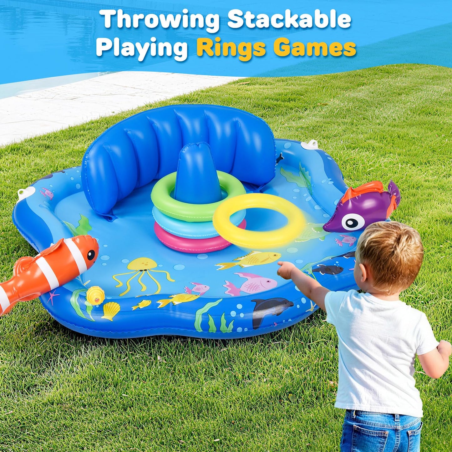 Baby Pool Float with Sprinkler, Inflatable Baby Splash Pad with Stackable Rings Game, Baby Splash Mat with Canopy & Backrest for Toddlers Garden, Beach, Backyard and Bathroom (Blue)
