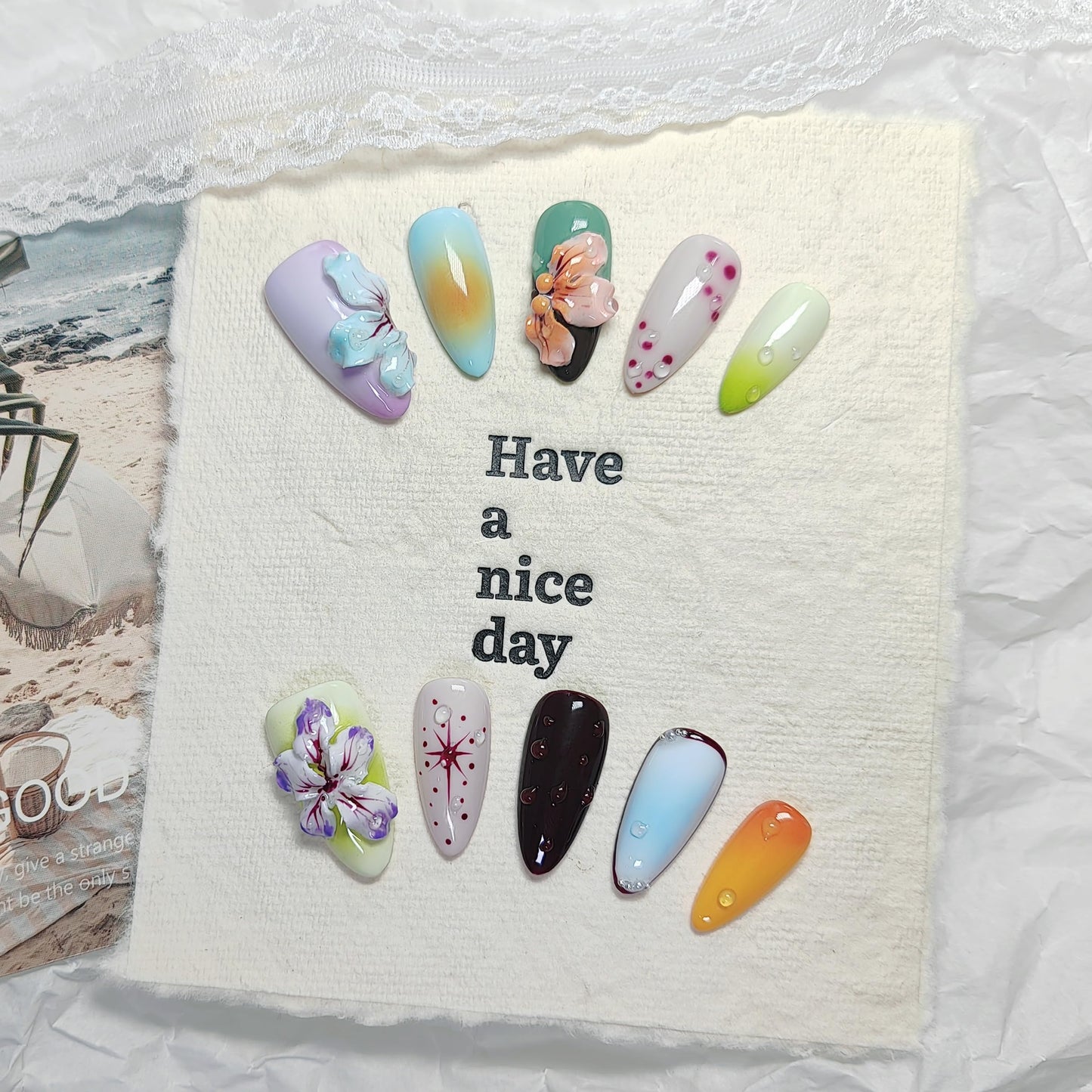 Almond Press on Nails Handmade Medium Long/Stiletto 3D Flower Fake Nail with Designs, Women Reusable False Nails (Floral Multicolor, M)