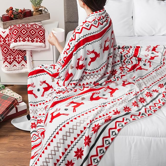 PAVILIA Christmas Throw Blanket | Holiday Christmas Reindeer Snowflakes Fleece Blanket | Soft, Plush, Warm Winter Cabin Throw, 50x60 (White Reindeer)