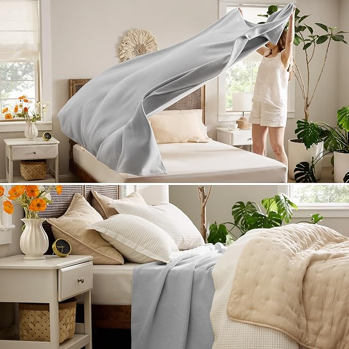 Bedsure 100% Cotton Blanket Queen Size for Bed - Breathable and Lightweight, Soft Cozy Textured Herringbone Woven Blanket for Summer Spring, Grey, 90x90 inches
