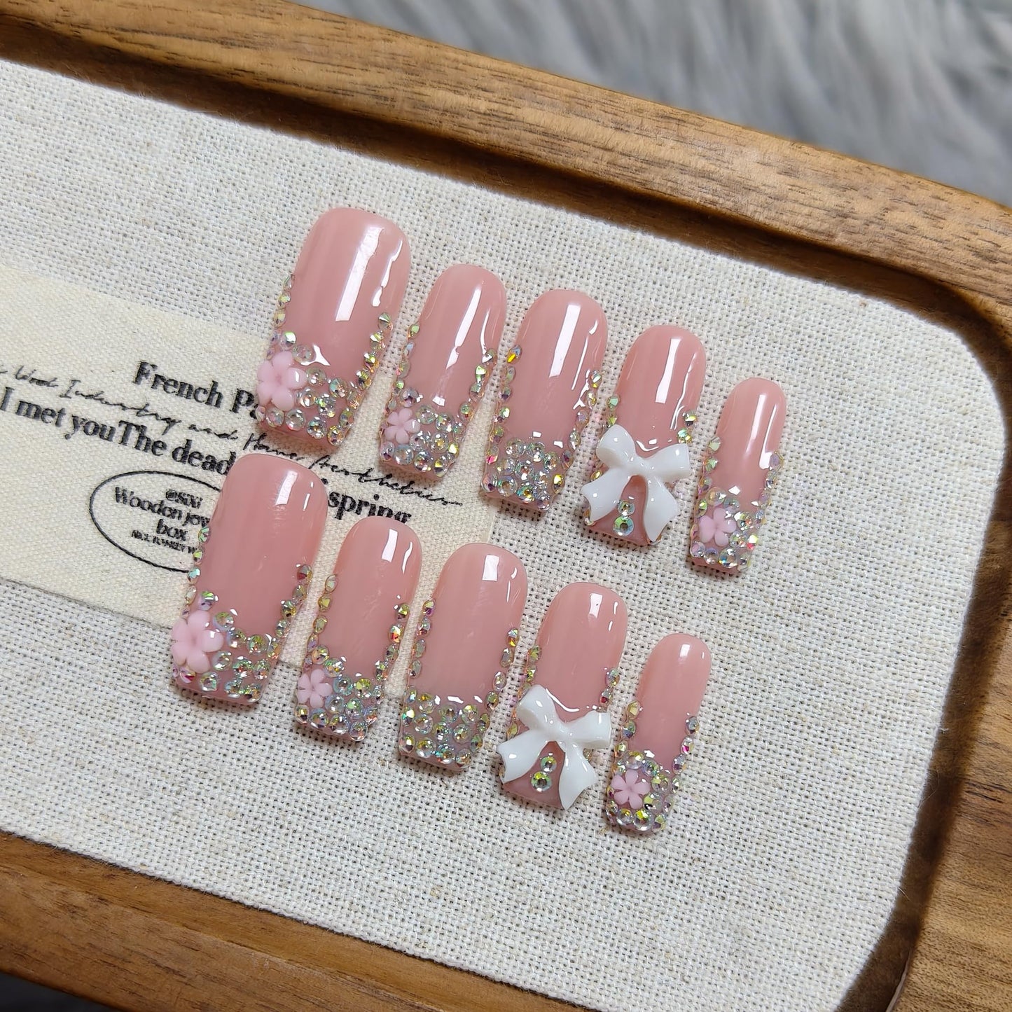 TENPAL Handmade French Tip Press on Nails Medium Coffin 3D Bow Rhinestone Glitter Pink Cute Sweet Girly Reusable Daily Wear Salon Acrylic False Nails 10PCS(L)