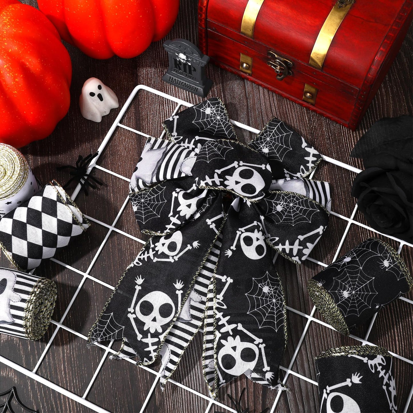 JarThenaAMCS 5 Roll Halloween Wired Edge Ribbon - 2.5 Inch, 30 Yards Ghost Skeleton Spider Web - White & Black Spooky Gift Wrap Ribbon for Bow, Wreath, Craft & Party Decor