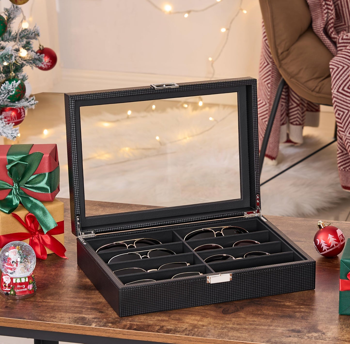 BEWISHOME Sunglass Organizer Case, 8-Slot Glasses Display Case With Large Clear Glass Lid, Pu Leather Lined Glasses Organizer for Men
