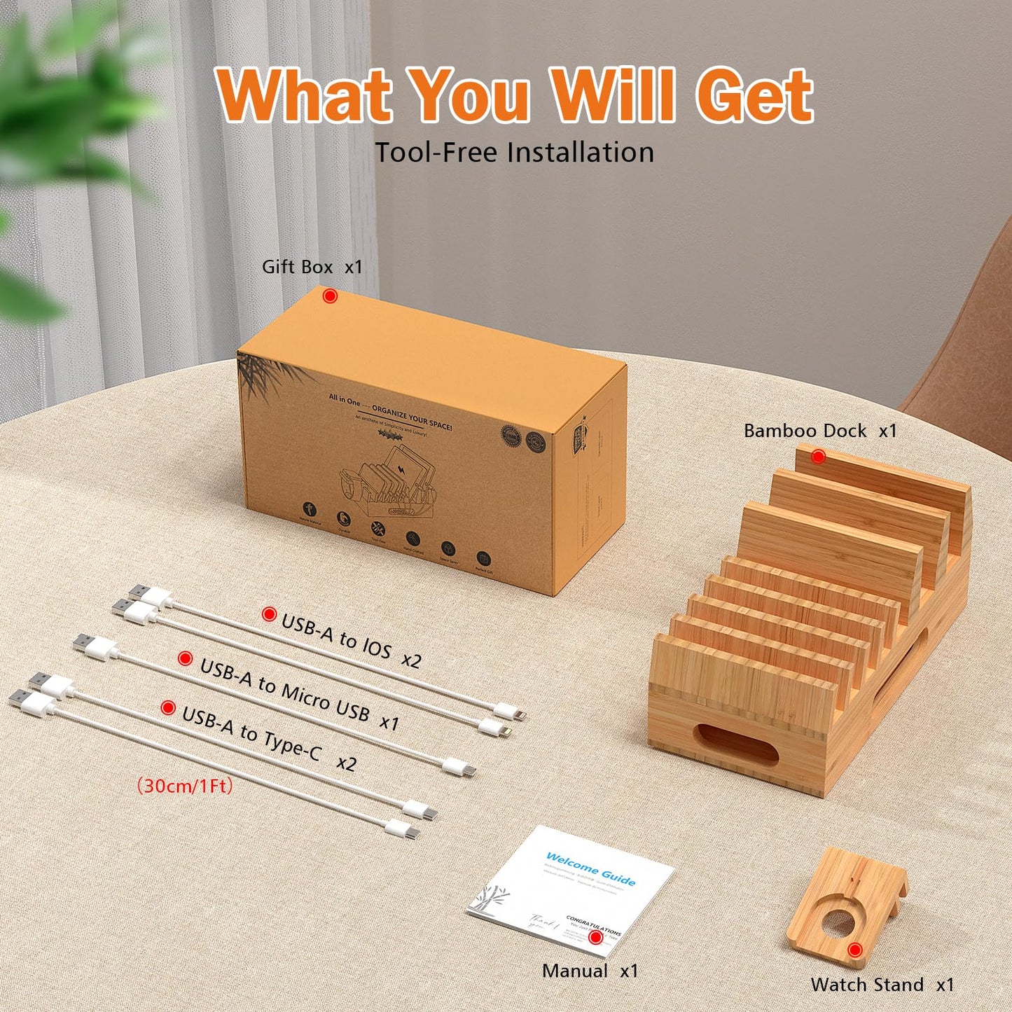 Pezin & Hulin Bamboo Charging Station Organizer for Multiple Devices & Wood Desktop Docking Charging Stand Such As Cell Phone, Tablets, Phone Case and Watch Stand(No USB Charger)
