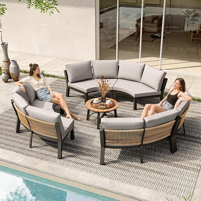 Outdoor Patio Sectional Modular Sofa, Aluminum 1 Piece Curved Patio Couch with Washable Cushions, All Weather PE Rope Sofa for Backyard,Porch, Deck, Poolsid, Gray