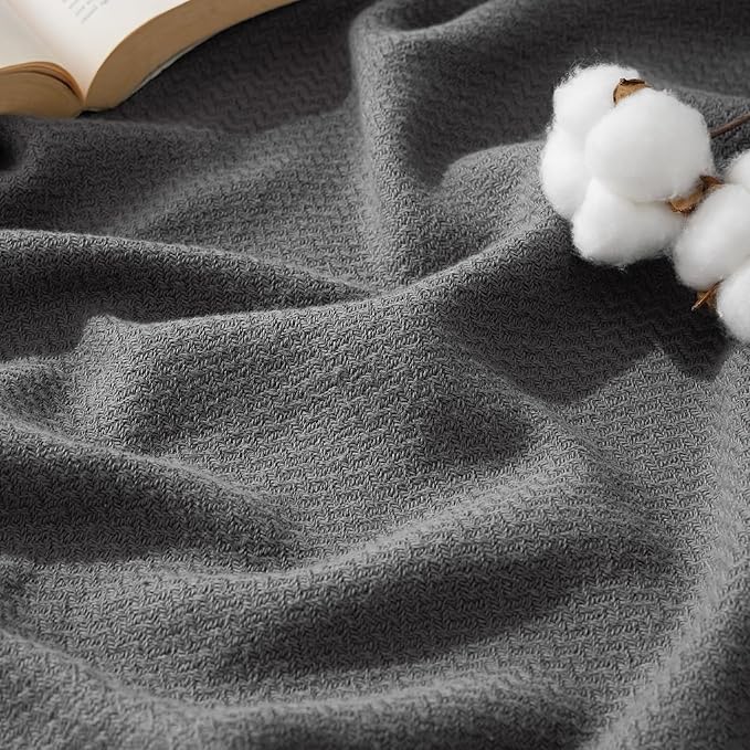 Bedsure 100% Cotton Large Throw Blanket for Couch 50x70 inches - Breathable and Lightweight, Soft Cozy Herringbone Woven Blanket for Summer Spring, Dark Grey