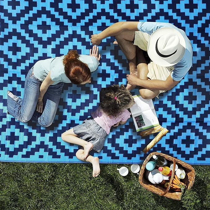 SAND MINE Reversible Mats, Plastic Straw Rug, Modern Area Rug, Large Floor Mat and Rug for Outdoors, RV, Patio, Backyard, Deck, Picnic, Beach, Trailer, Camping, Blue, 9' x 12'