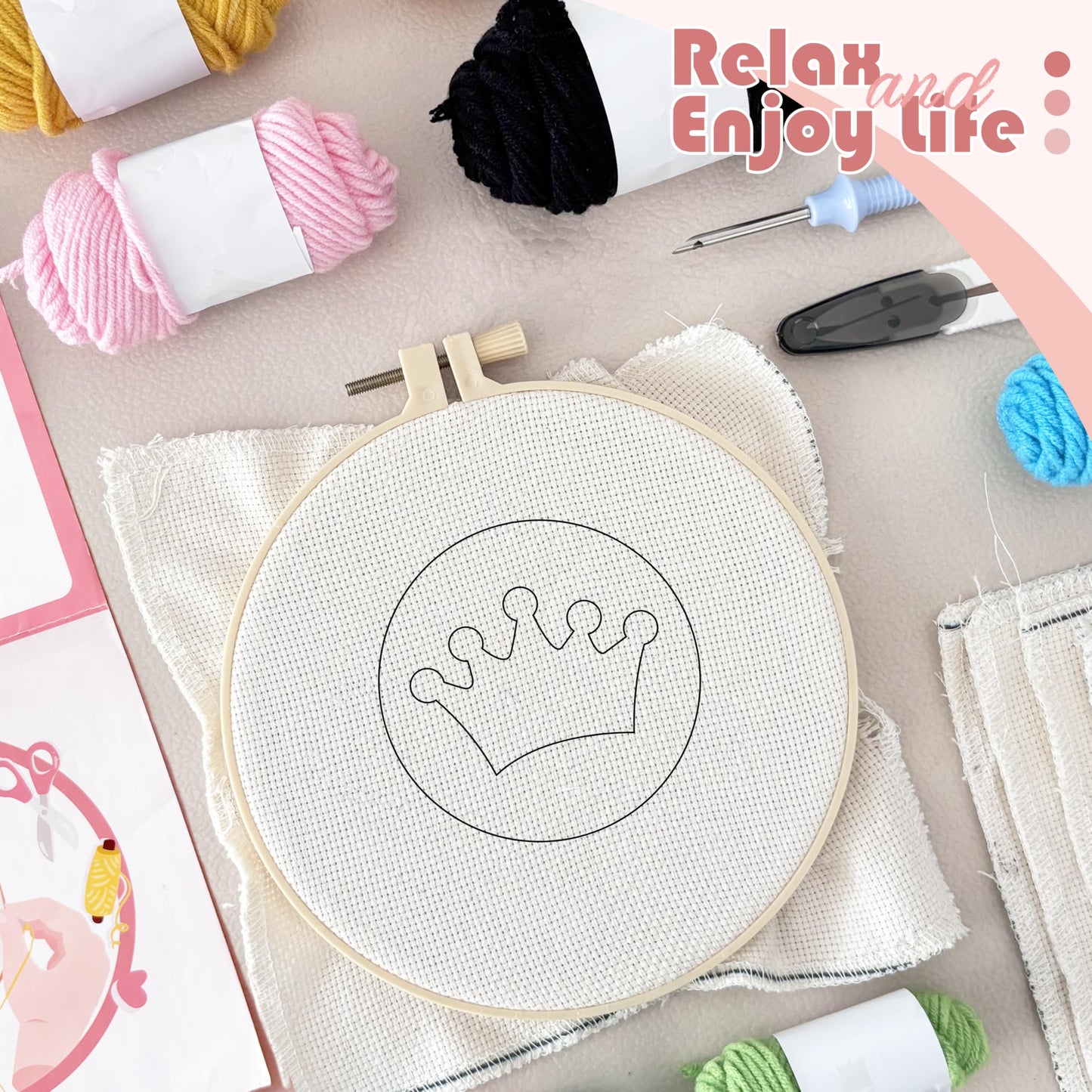 Punch Needle Kit for Beginners Adults Easy Needle Punch Embroidery Tool Set Including Threader Instruction Fabric Hoop Yarn Coaster DIY Making Kit Supplies,Set of 8 Vintage 80S Art Crafts Gifts