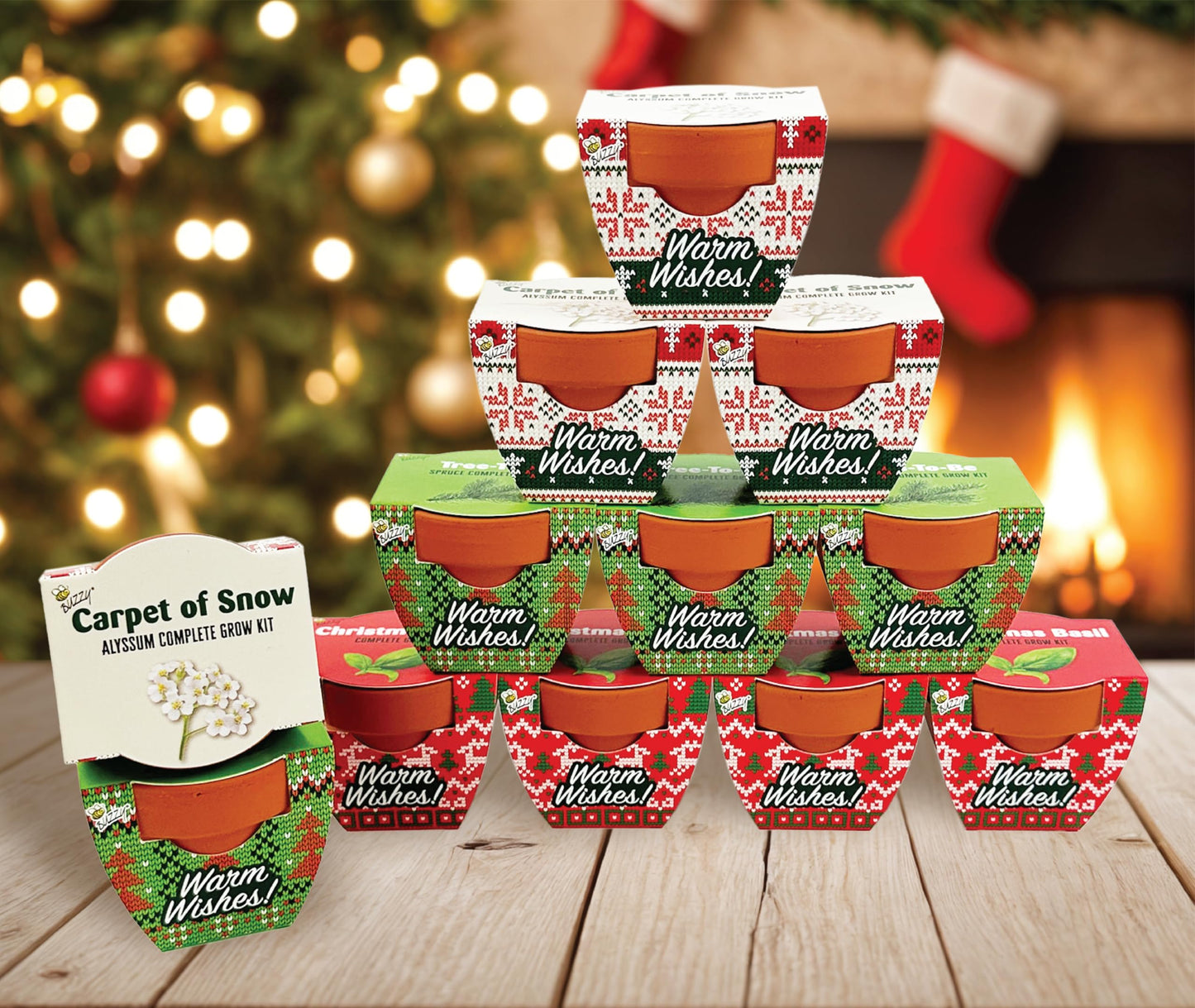 BUZZY Seeds Sweater Pattern Mini Terracotta Pots Grow Kit, 12-Pack Assorted Christmas Basil, Spruce, and Alyssum Seed Packets, Indoor Plant Starter Set, Stocking Stuffers, Party Favors