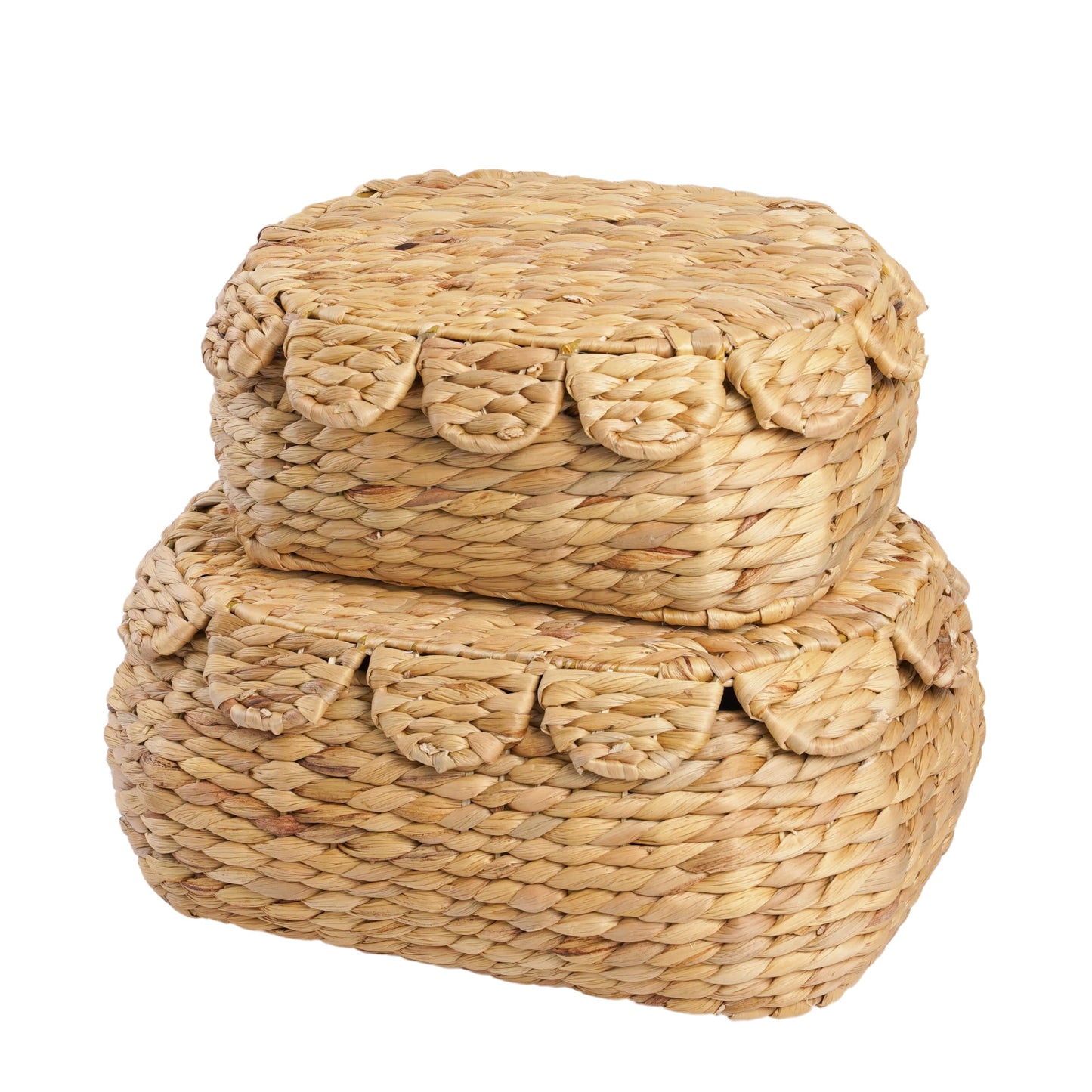 LUSYDECO Set of 2 Wicker Storage Baskets with Lid, Rattan Basket Decorative Boxes, Woven Storage Box Hyacinth Basket with Lids, Small Scalloped Edge Wicker Baskets with Lids