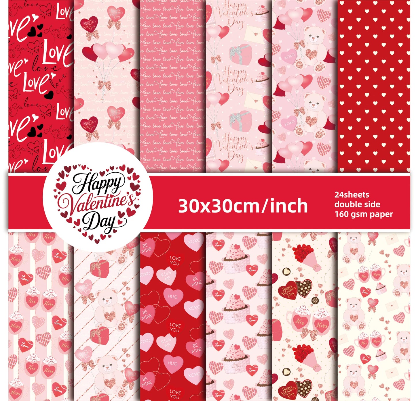 Valentine's Day Scrapbook Paper Pad Pink Red Love Heart Patterned Paper 12×12，24 Sheets Scrapbook CardStock Papers Pad for Holiday Cardmaking DIY Origami Decorative Craft Papers.